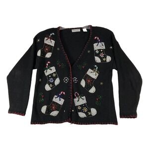 Carolyn Taylor Cardigan Sweater Women's Medium Black Beaded Stockings Christmas